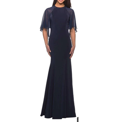 La Femme Navy Illusion Cape Trumpet Gown Jewel Neck Dress Size 16 Wedding Formal