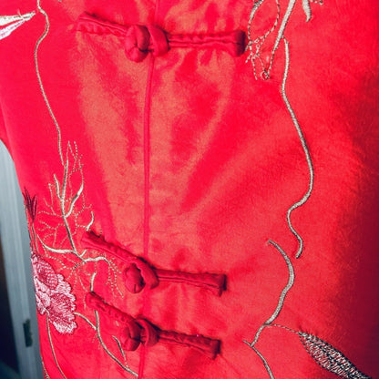 XXL Chinese Asian Large collar button up top RED Satin Feel Floral blouse top