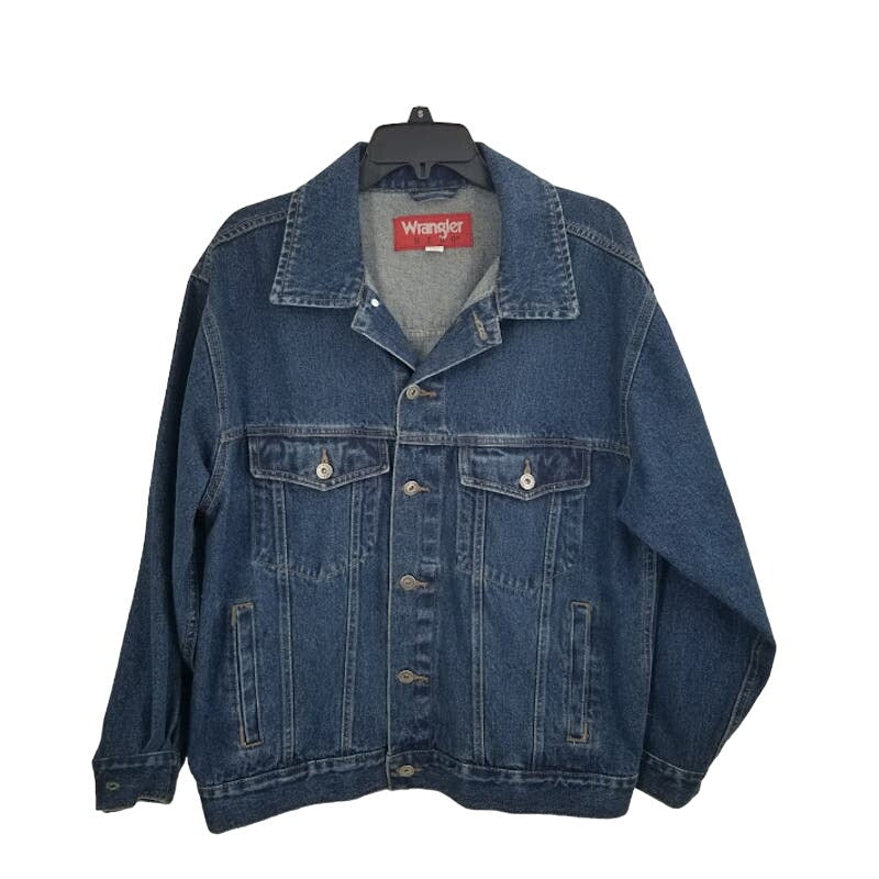 Wrangler Hero Denim Blue Jean Jacket Pockets Large Rivets Button Up