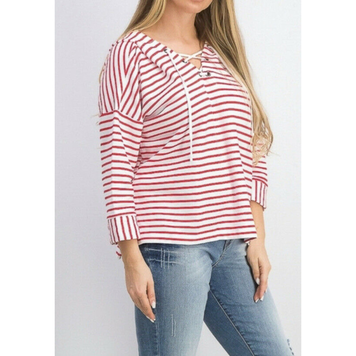 Style Co NWT Women’s Cherry Red White Stripe Lace Up Hoodie Jacket MED