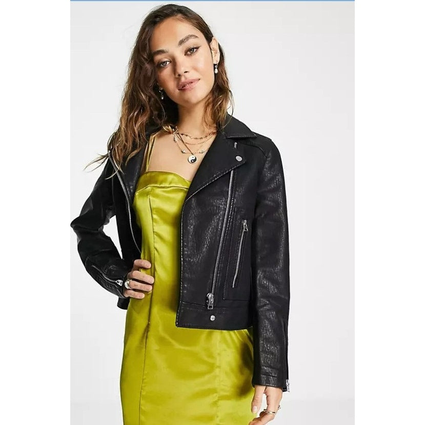 Topshop Crop Faux Leather Biker Jacket US Size 6 Black NWT Moto Silver Zippers