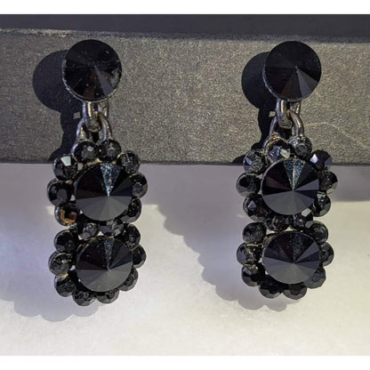 Vintage Black Glass Mourning Stud Dangle Clip On Earrings