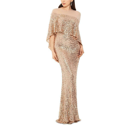 Betsy & Adam Sequin Mesh Overlay Gown Formal Dress Wedding Champagne Gold Size 4