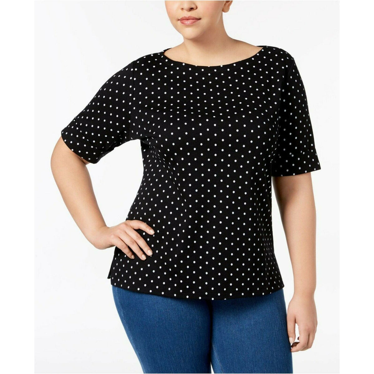 Karen Scott Short Sleeved Blouse Top Round Neck Polka Dot Deep Black Size L