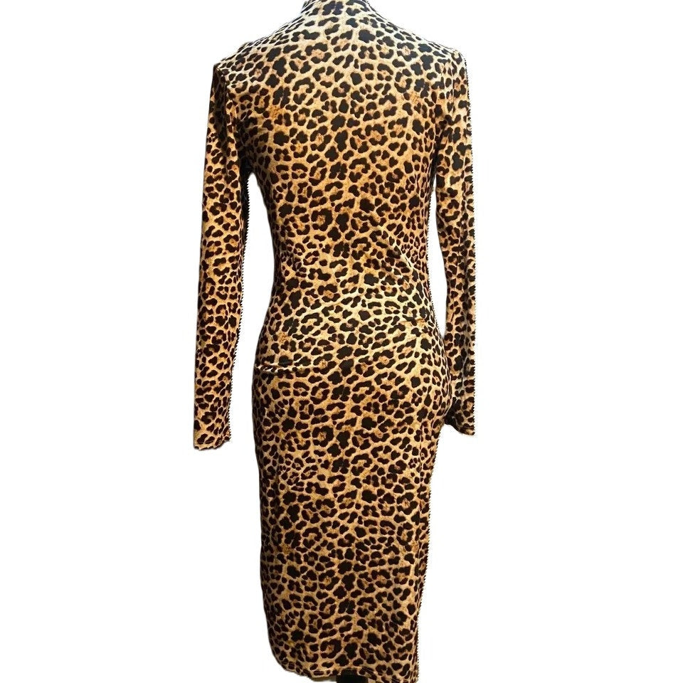 Leith Soft Mock Neck Long Sleeve Animal Print Dress Sz Small in Brown/Black NWT