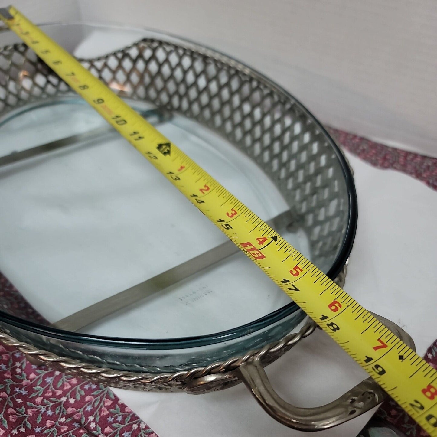 15" Large oval Vintage Silver Plate Serving Dish Stand W/ Marinex Glass 3" deep