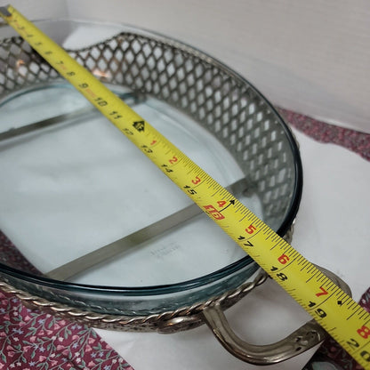 15" Large oval Vintage Silver Plate Serving Dish Stand W/ Marinex Glass 3" deep