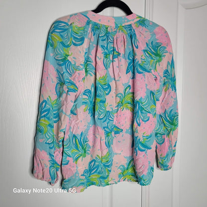 Lilly Pulitzer Size XS extra small 100% Silk Blouse Top Shirt Elsa Pink Teal