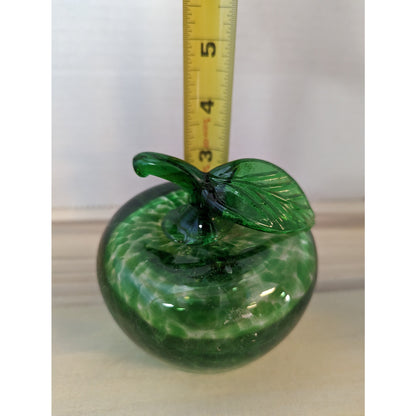 Green glass speckled apple paperweight handblown heavy office teacher school