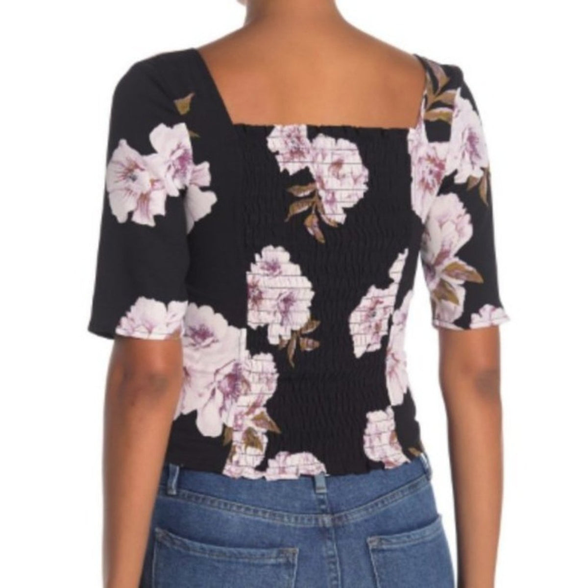 NWT Free Press Square Neck Elbow Sleeve Black Top Purple Floral Medium