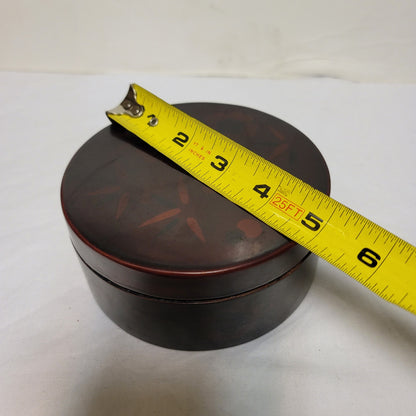 Red floral lacquer box round Vintage Asian powder lid 5" vanity makeup Glamour