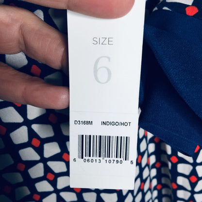 Donna Morgan Long Sleeve Shift Dress Collared Geometric Blue/White/orange Size 6