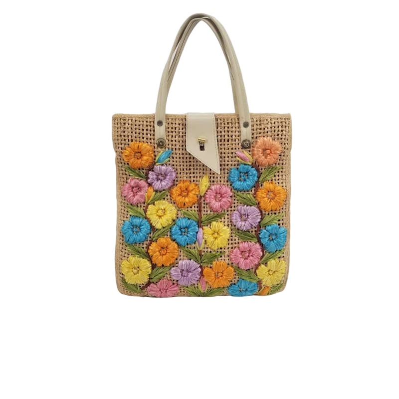 Vintage Floral Flowers Straw Hand Bag Purse Tote Phillipines