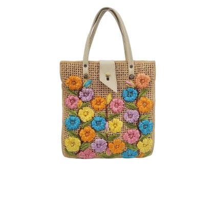 Vintage Floral Flowers Straw Hand Bag Purse Tote Phillipines