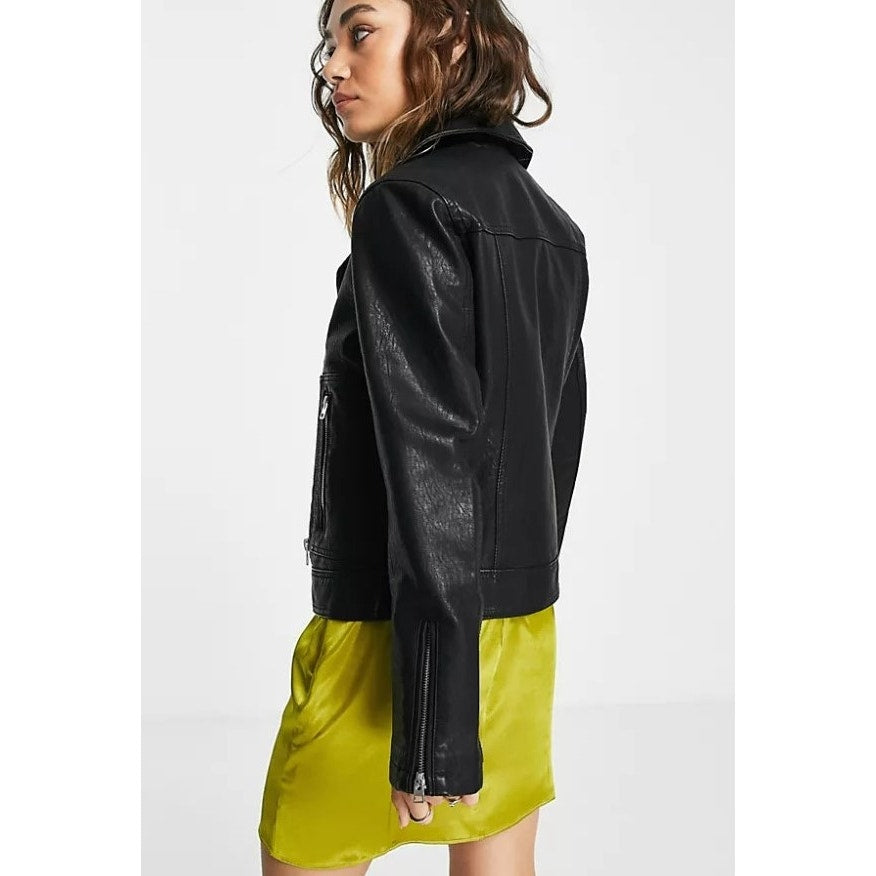 Topshop Crop Faux Leather Biker Jacket US Size 6 Black NWT Moto Silver Zippers