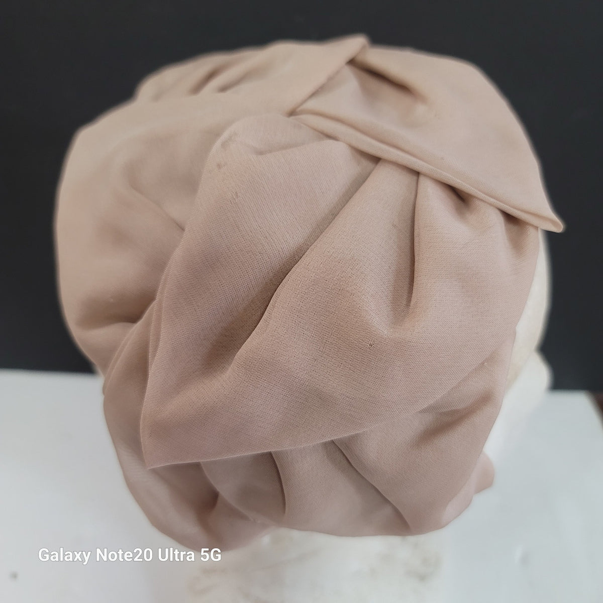 Vintage Union Made Delicate Beige Chiffon Juliet Turban Style Hat Flat Bow