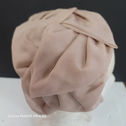 Vintage Union Made Delicate Beige Chiffon Juliet Turban Style Hat Flat Bow