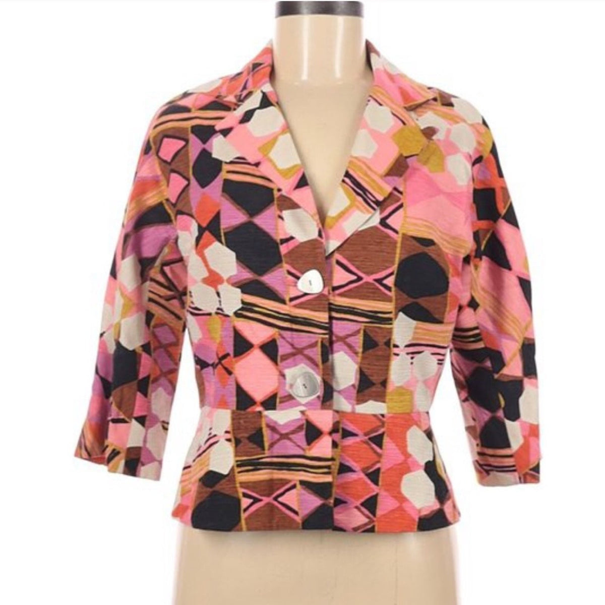 Anthracite PopArt Geometric Button Up  Silk Blazer Jacket 3/4 Sleeves Size 6