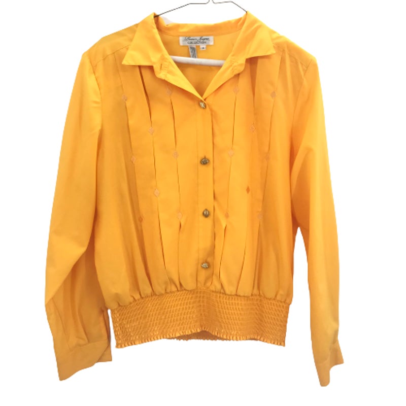Laura & Layne Vintage Pleated Mustard Shirt Long Sleeves Ribbed Hem Size 14