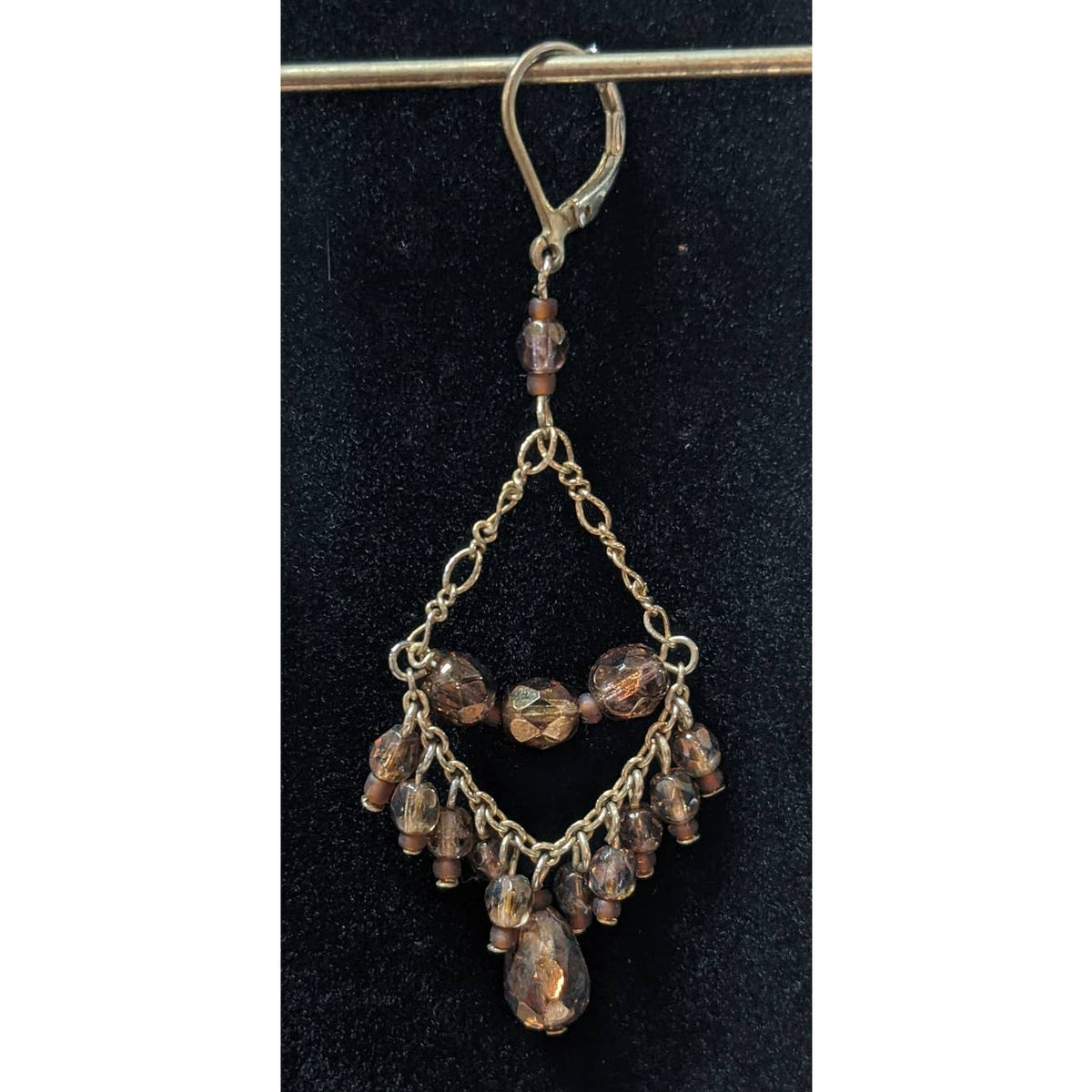 Vintage Brown Glass Gold Tone Chain Chandelier Drop Earrings Dangle with Clasps