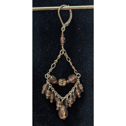 Vintage Brown Glass Gold Tone Chain Chandelier Drop Earrings Dangle with Clasps