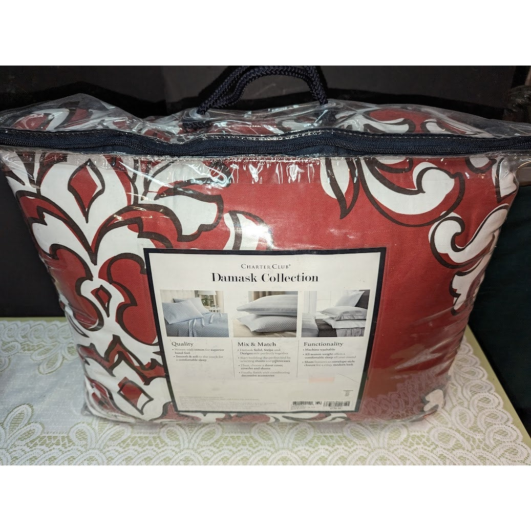 NEW CHARTER CLUB DAMASK RED OUTLINE TWIN 2 PIECE COMFORTER SET BEDDING 300TC