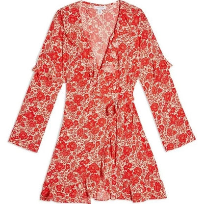 Topshop V-Neck Ruffled Floral Wrap Mini Dress Size 6 in Red Print NWT
