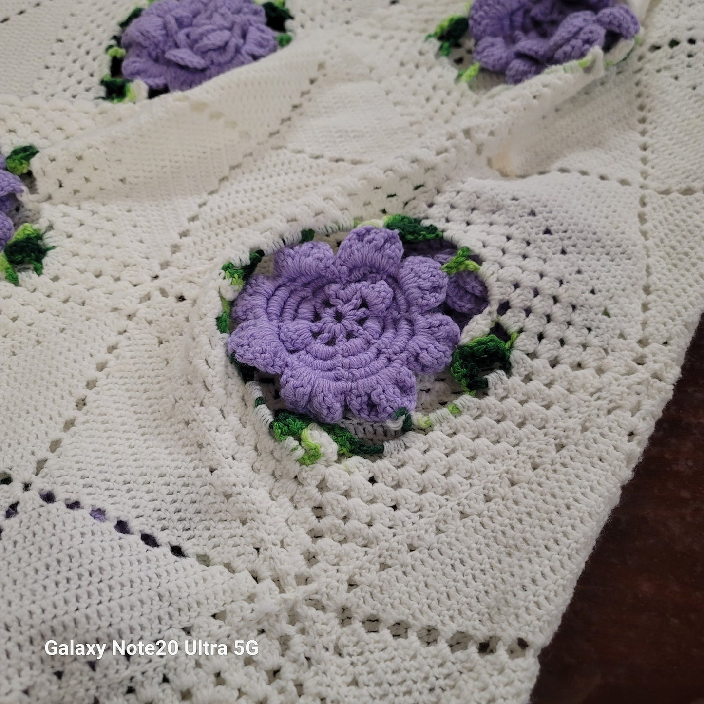 Crochet purple white raise flower blanket coverlet Handmade twin full bedspread