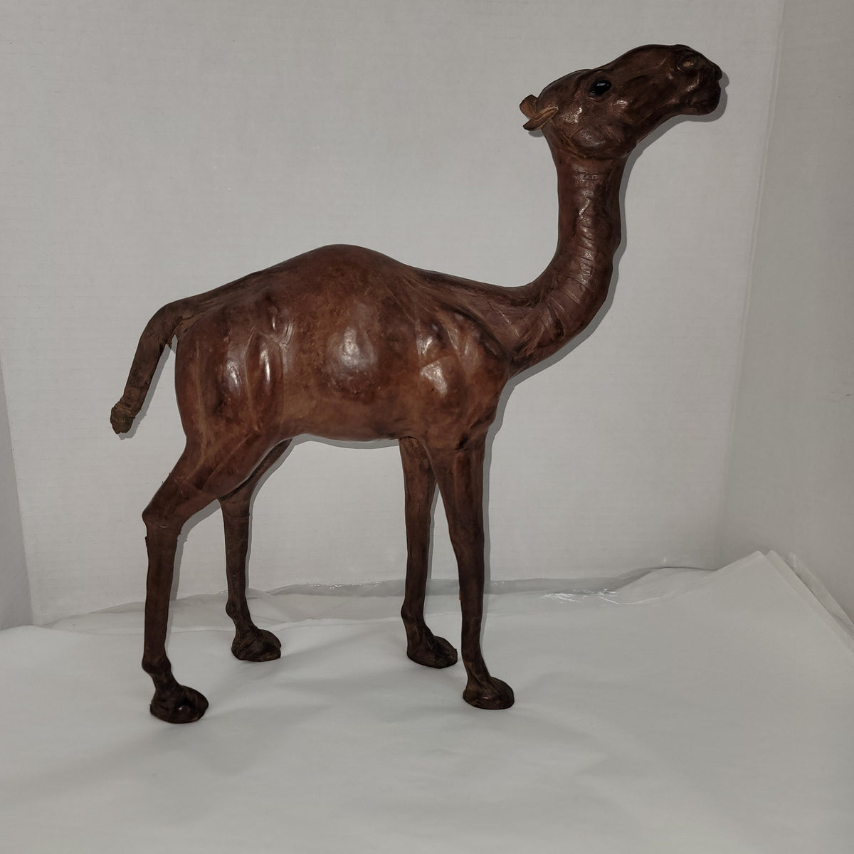 Vintage large Leather  wrapped sculpture camel 14" glass eyes souvenir handmade