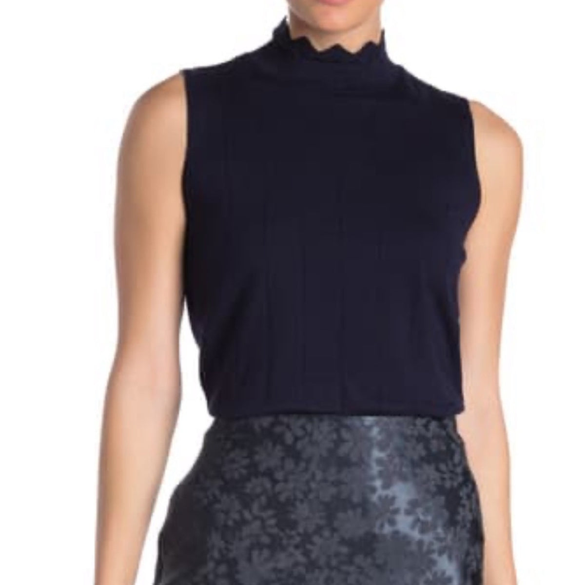 Cyrus Pointelle Scallop Trim Mock Neck Navy Tank Small