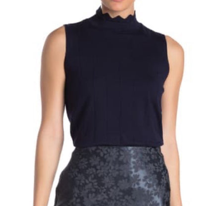 Cyrus Pointelle Scallop Trim Mock Neck Navy Tank Small