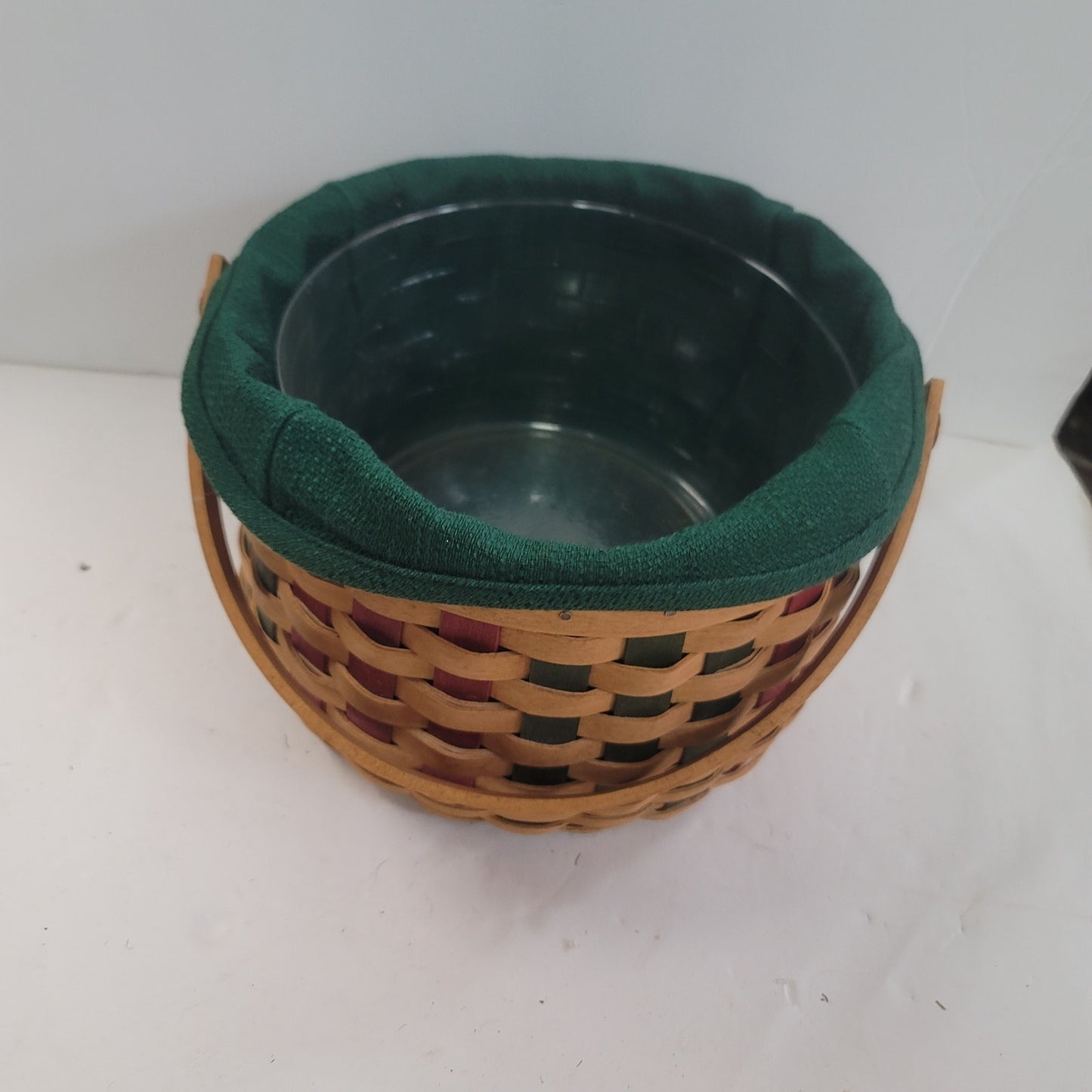 Longaberger berry basket handle wood green red tan Handmade 2003 w/ insert