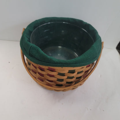 Longaberger berry basket handle wood green red tan Handmade 2003 w/ insert