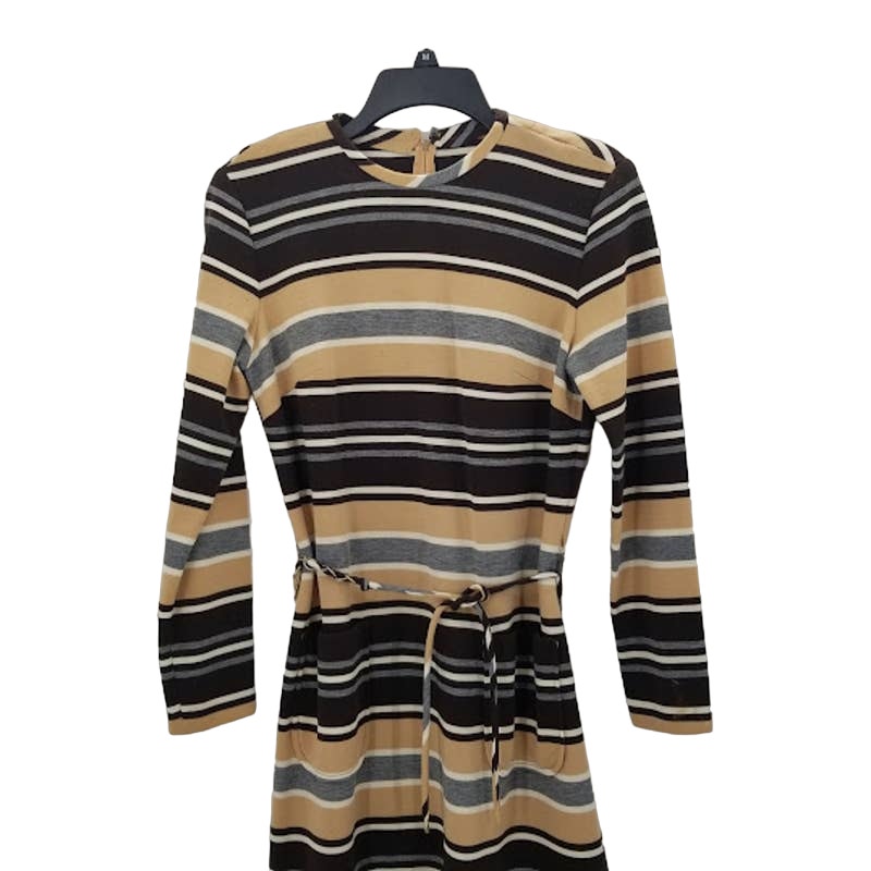 Vintage Brown Striped PolyBlend Long Sleeve Dress Chain Belt No Tags gogo MOD