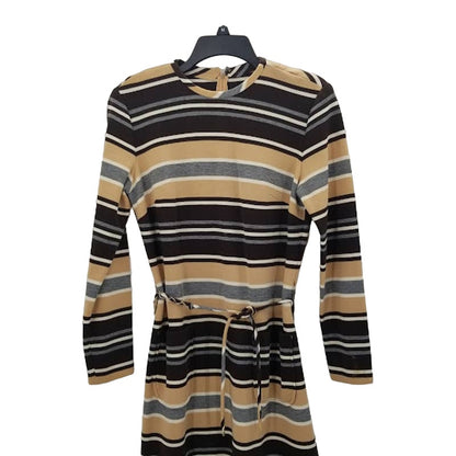 Vintage Brown Striped PolyBlend Long Sleeve Dress Chain Belt No Tags gogo MOD