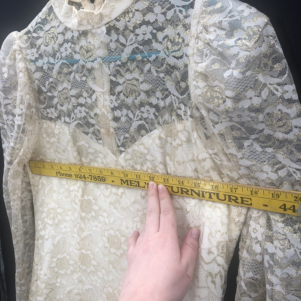 Vintage 80s Gold Lace Sheer Illusion High Neck Drop Waist Midi Dress Wedding