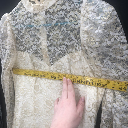 Vintage 80s Gold Lace Sheer Illusion High Neck Drop Waist Midi Dress Wedding