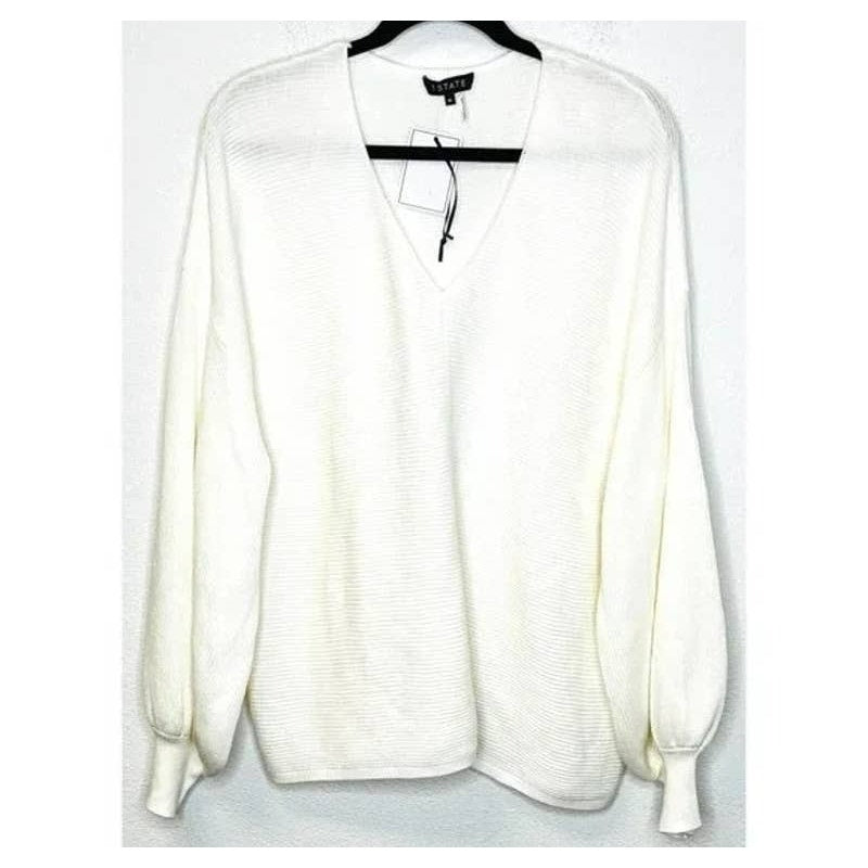 1.STATE V-Neck Balloon Sleeve Ribbed Sweater Top Size XXL/2X Antique White NWT