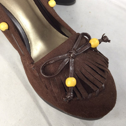 QUPID Brown suede stacked wedge Stacked 4” heels Shoes 9 Beads Closed Round Toe