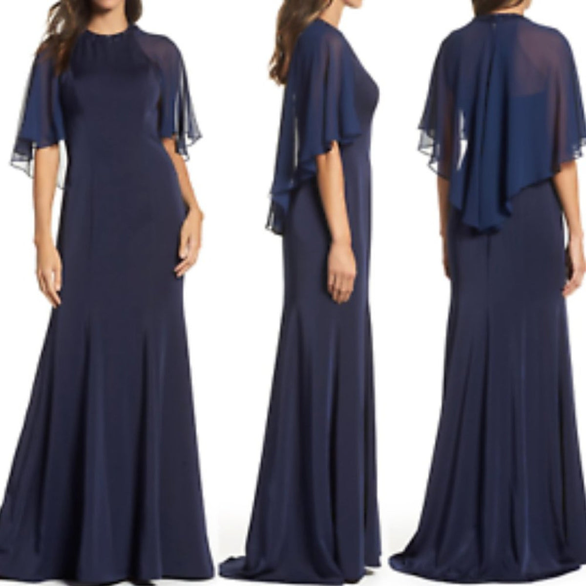 La Femme Navy Illusion Cape Trumpet Gown Jewel Neck Dress Size 16 Wedding Formal