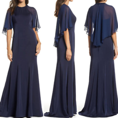 La Femme Navy Illusion Cape Trumpet Gown Jewel Neck Dress Size 16 Wedding Formal