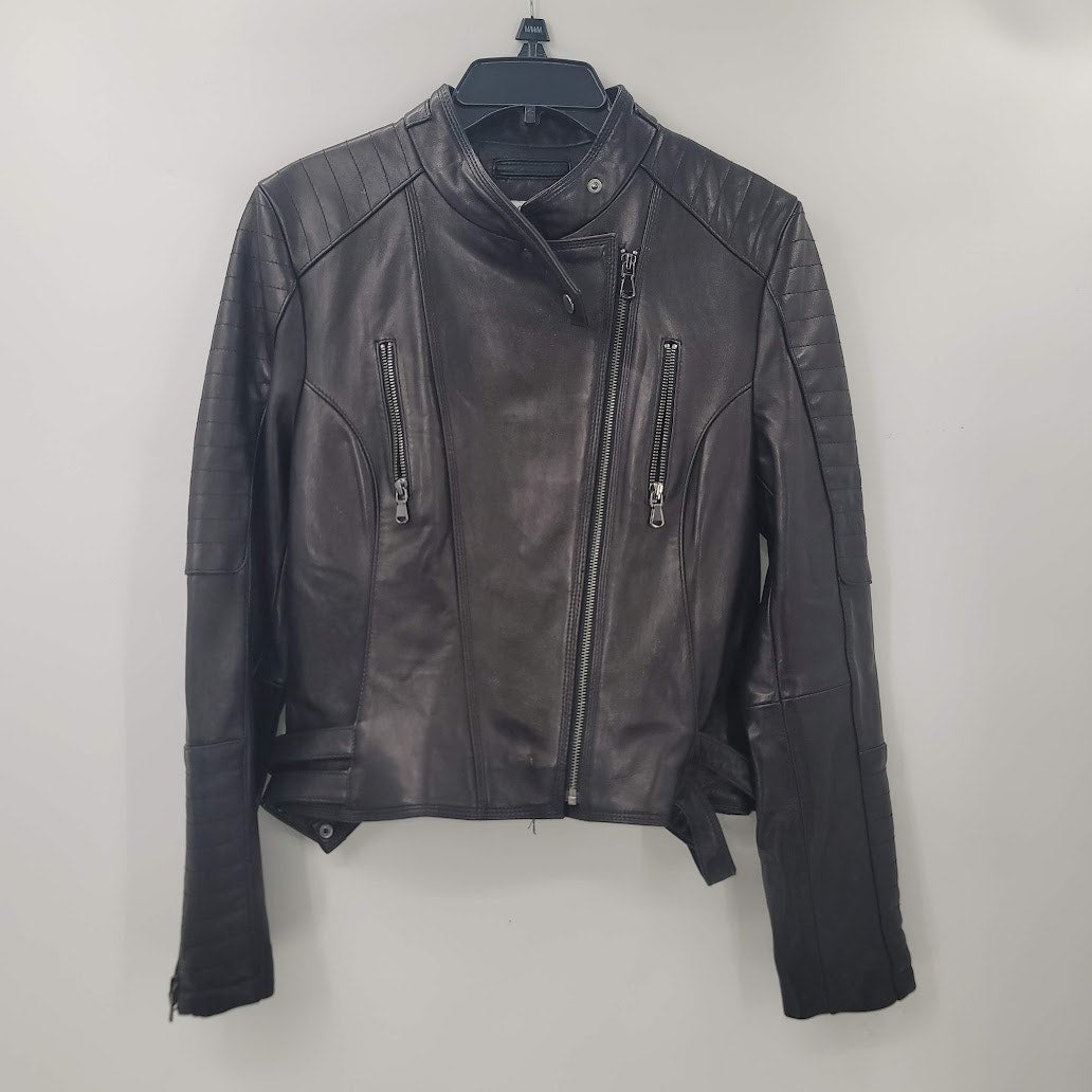 Cache Womens Large Leather Moto Jacket Coat Cheetah Print Lined Full Zip black