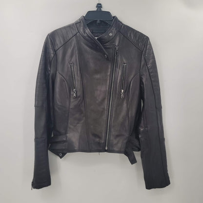 Cache Womens Large Leather Moto Jacket Coat Cheetah Print Lined Full Zip black