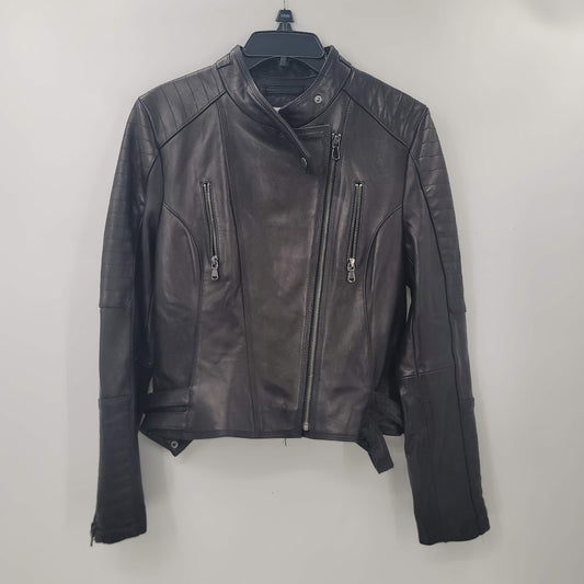 Cache Womens Large Leather Moto Jacket Coat Cheetah Print Lined Full Zip black