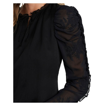 CECE Ruffled Sheer Lined Pullover Tie 3/4 Sleeve Blouse Small Black NWT Top