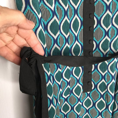 Kensie Tie Waist A-line Dress Buttons Career Sleeveless Blue/Teal/Black LARGE