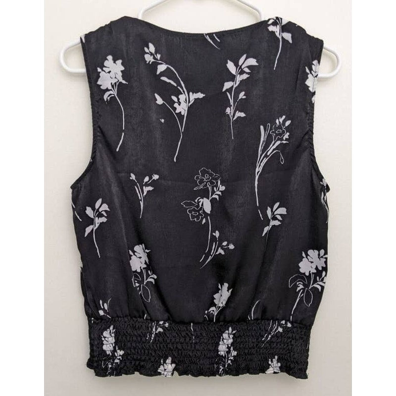 Laundry Shelli Segal Smock Waist V-Neck Sleeveless Top Sz Small Black Floral NWT