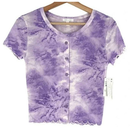 Abound Lettuce Edge Crop Button Trim Scoop Neck Top Sz Large Purple Tie Dye NWT