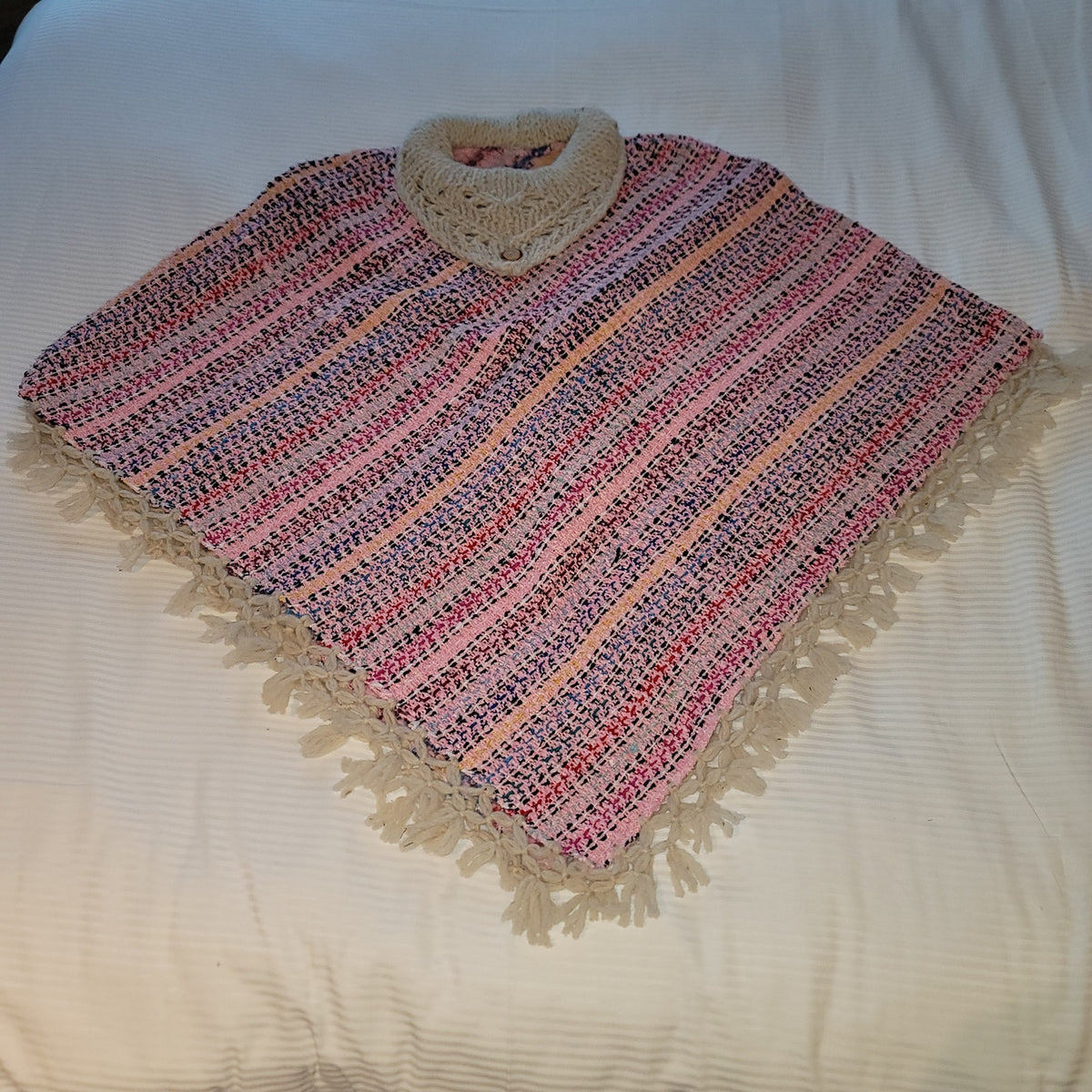 Handmade heavy poncho fringe wood button Winter One Size Multicolor Wool Cotton