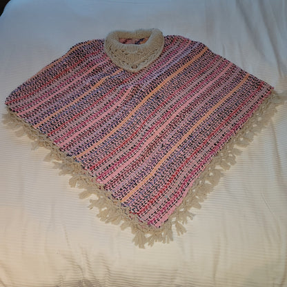 Handmade heavy poncho fringe wood button Winter One Size Multicolor Wool Cotton